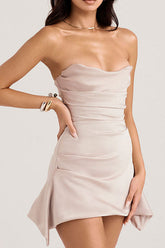 Glamorous Satin Asymmetrisches Rüschen Trägerloses Korsett Party Minikleid - Champagner